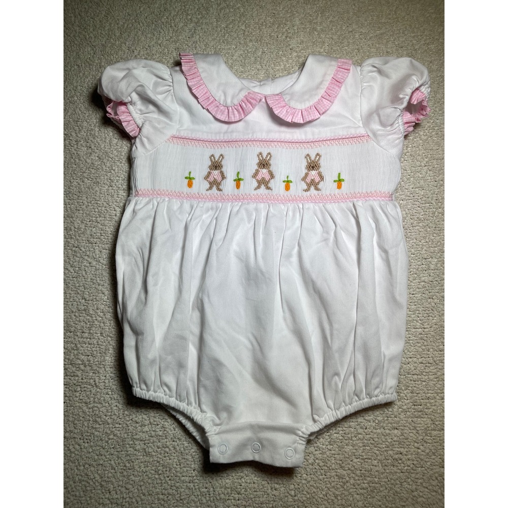 Stitchy Fish Baby Girl Smocked Bunny Easter Romper White Pink Gingham 12M SM1016